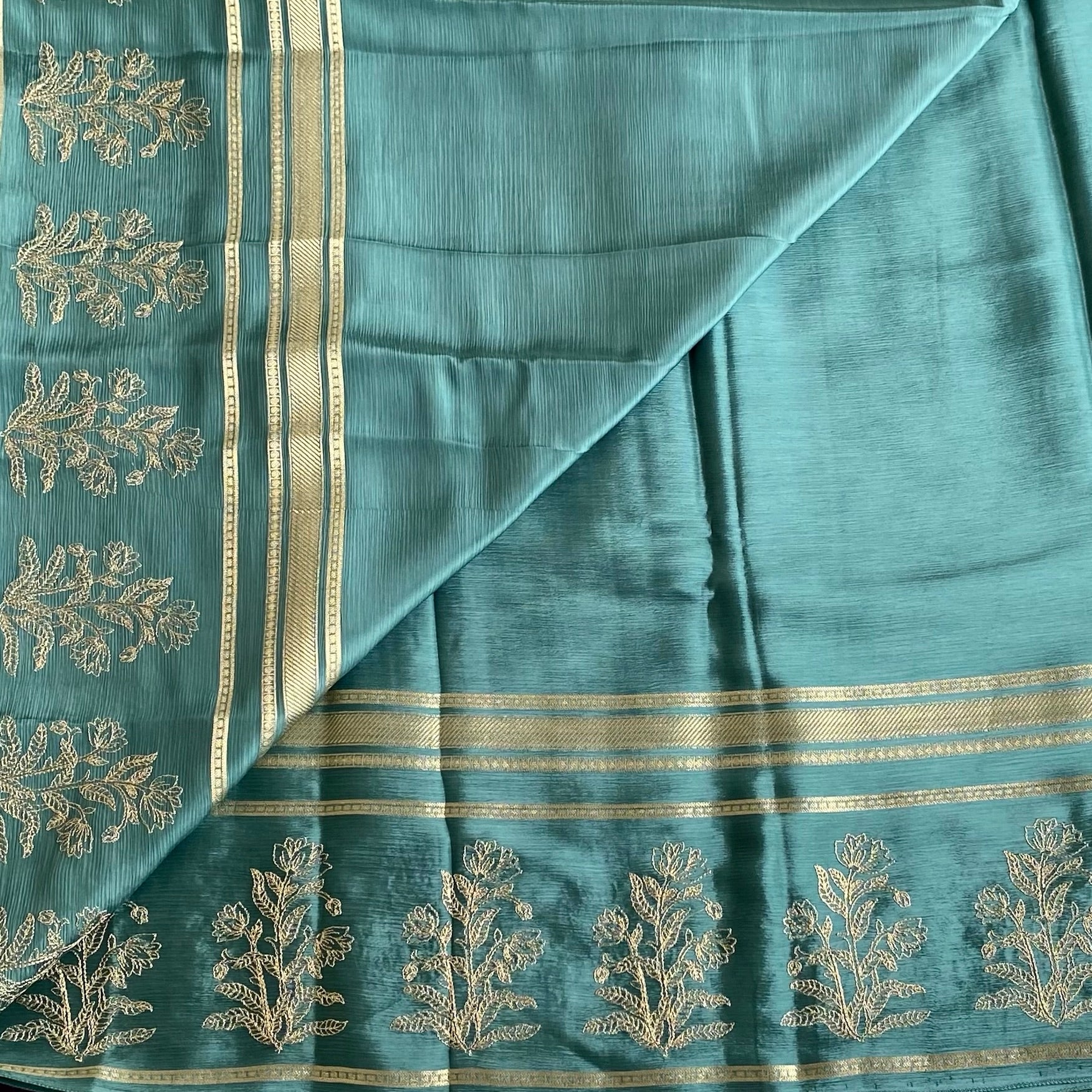 Teal Blue Soft Crepe Silk Saree With Gold Woven Stripes