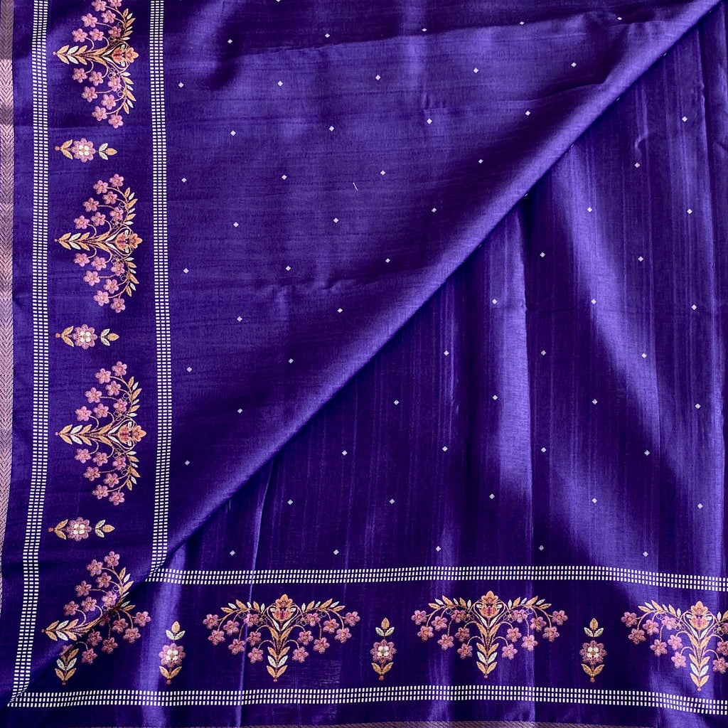 Royal Purple Softest Lightweight Tussar With Rose Pink Floral Zari Border