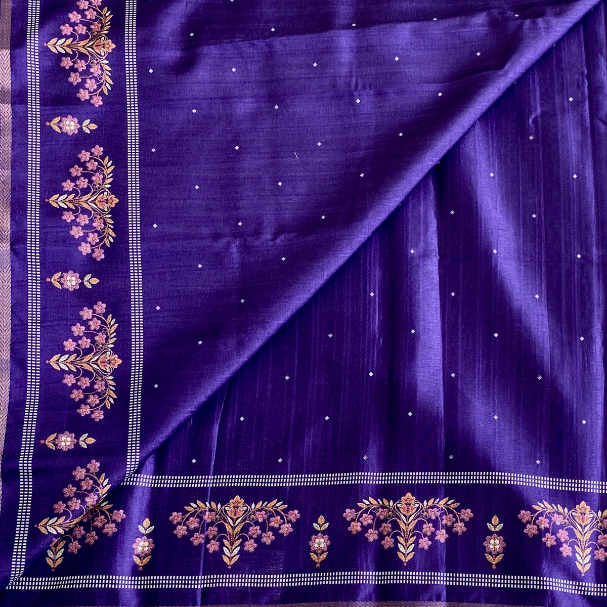 Royal Purple Softest Lightweight Tussar With Rose Pink Floral Zari Border