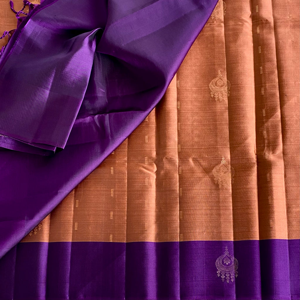Royal Purple And Burnt Orange Designer Pure Silk Saree With Zari