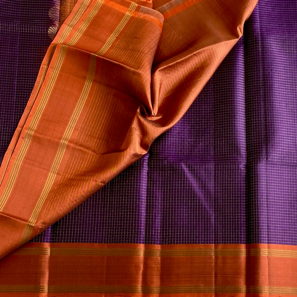Deep Purple Designer Pure Silk Saree With Burnt Orange Pallu