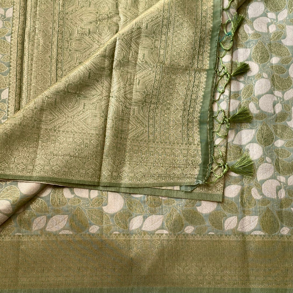 Olive Green Brocade Saree Gold Leaf Tassel Pallu Woven Traditional