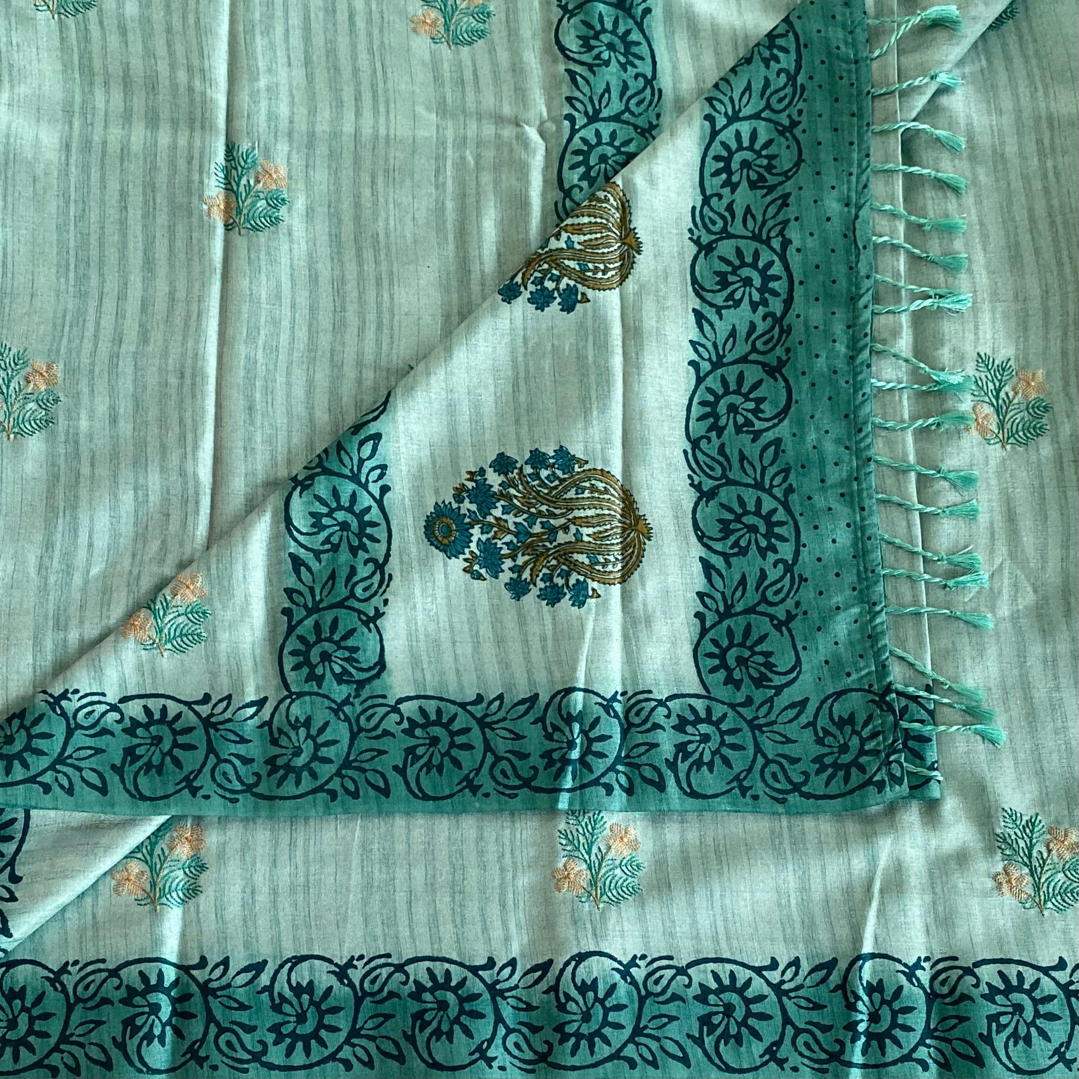 Seafoam Green Teal Border Embroidered Paisley Pallu Floral Sprig Saree