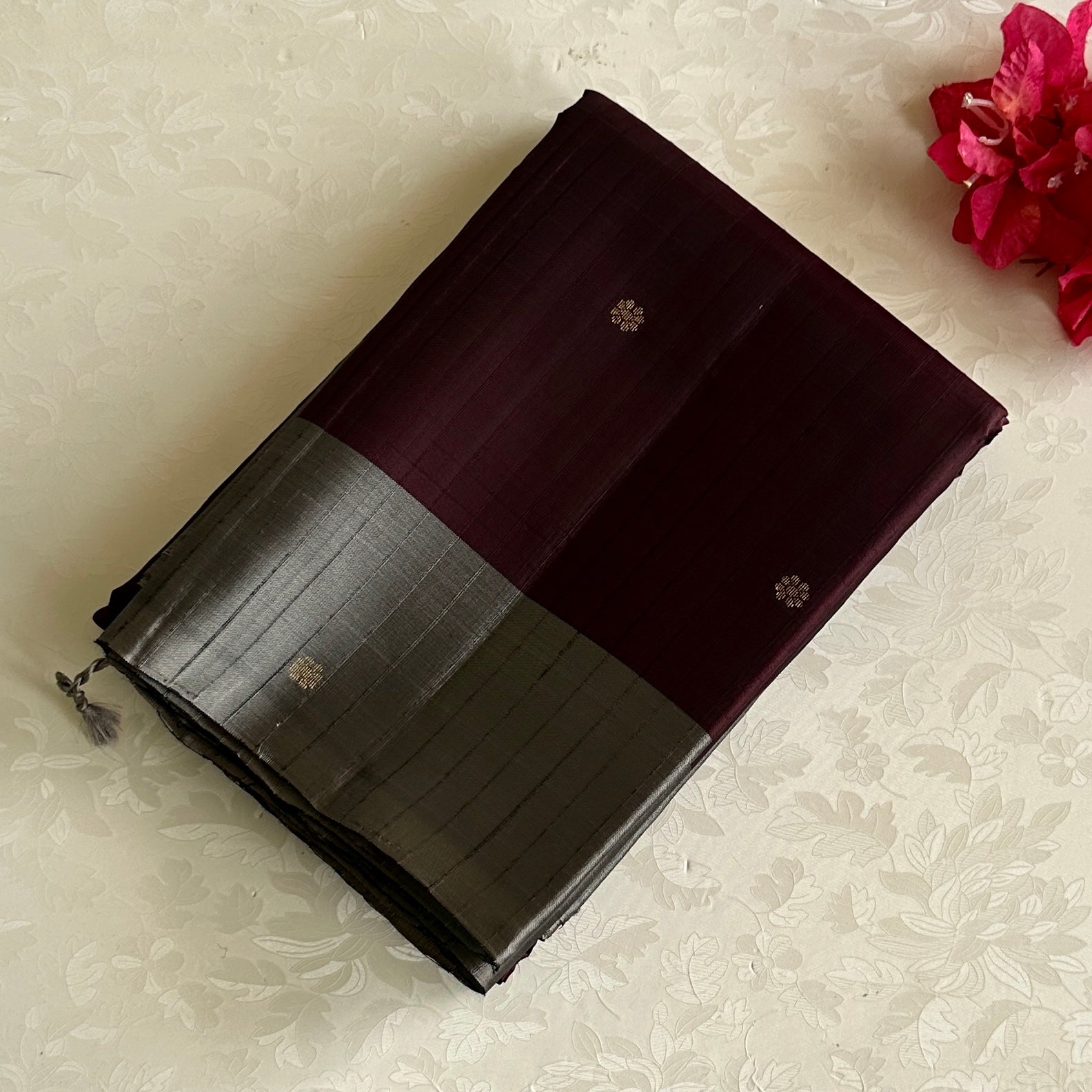 Deep Wine Maroon Designer Pure Silk With Silver Grey Pallu