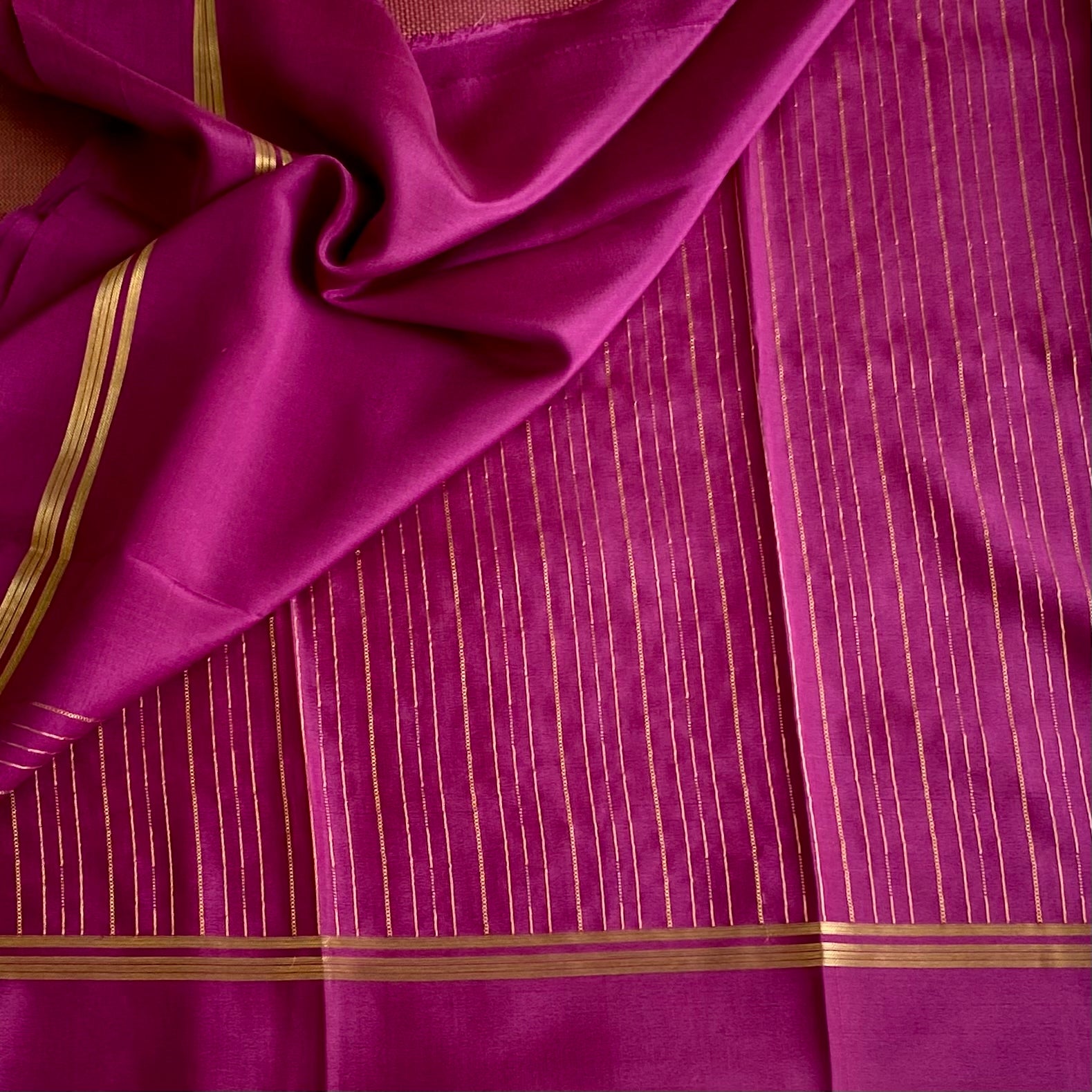 Plum Purple Mysore Crepe Silk Saree With Antique Gold Stripes
