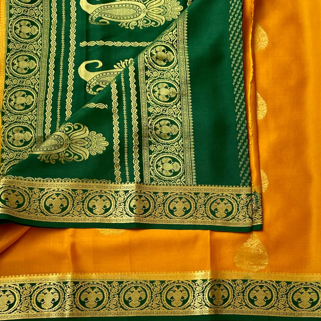 Rich mustard with bottle green designer pure Mysore silk
