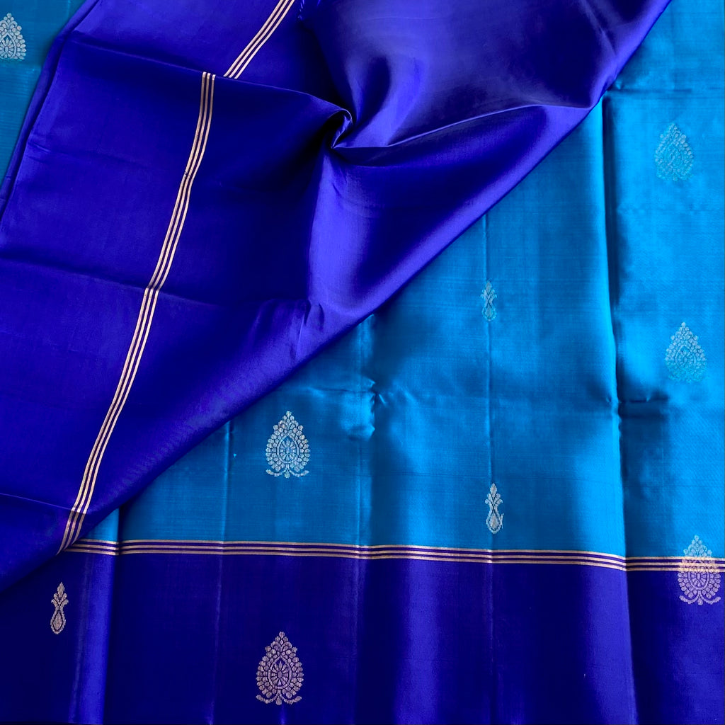 Deep Sea Blue With Rich Royal Blue Handwoven Designer Pure Silk