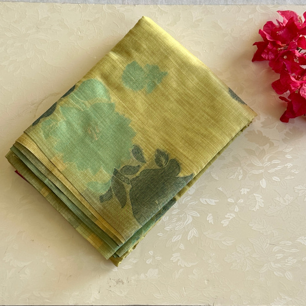 Pistachio Teal Floral Tussar Cotton With Tassel Pallu For Casual
