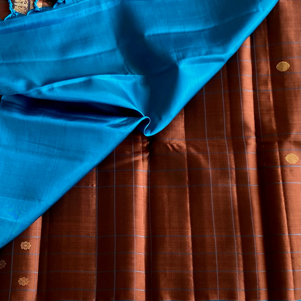 Rust Brown Designer Pure Silk Saree With Turquoise Blue Pallu