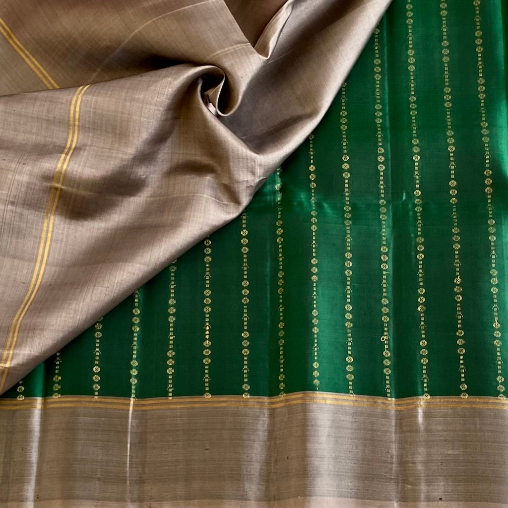 Emerald Green Designer Pure Silk Saree With Metallic Grey Pallu