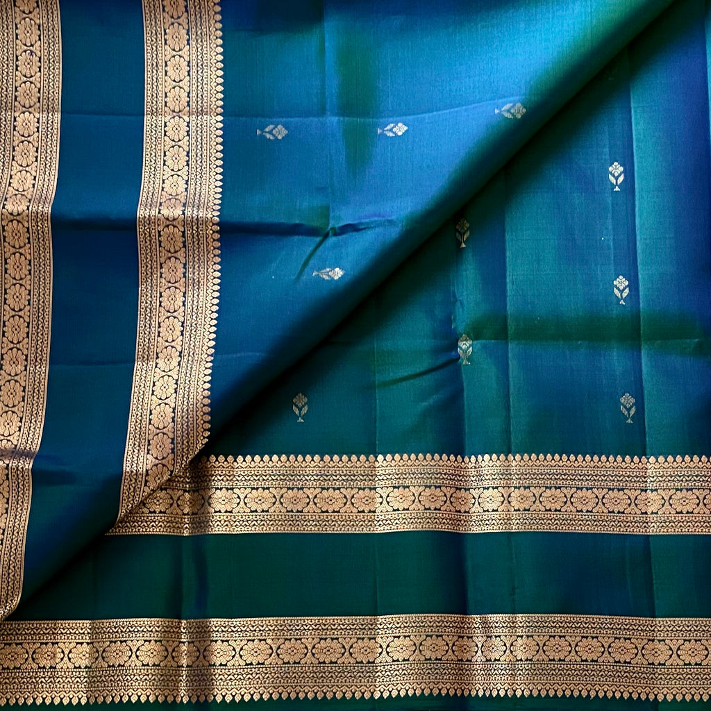 Peacock Blue Designer Pure Silk Saree Antique Gold Zari Border