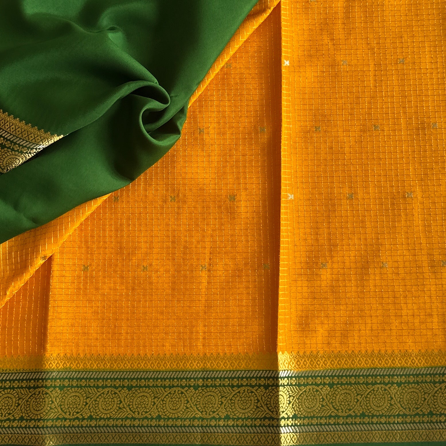Mustard Yellow Saree With Gold Paisley Zari Border And Green Hem