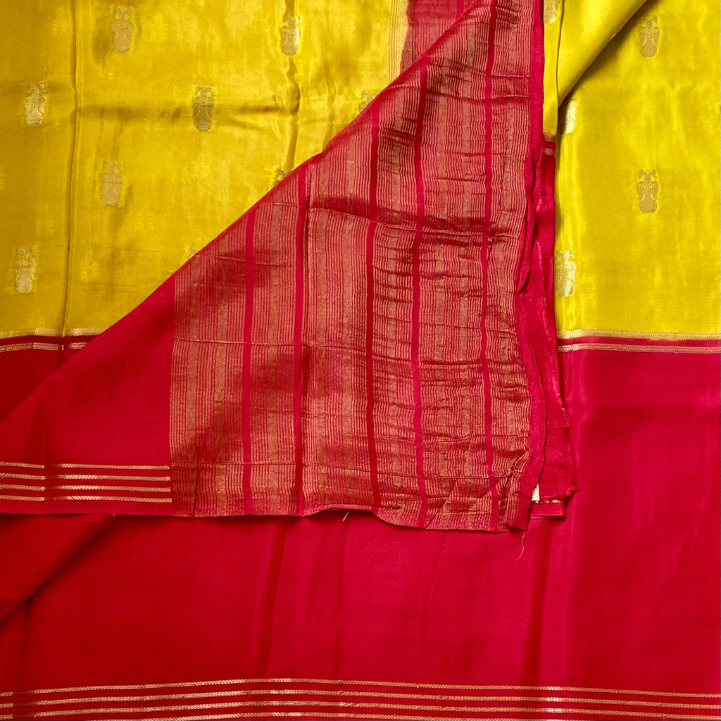 Cherry Red with Lime green Gandaberunda buttas on soft crepe silk