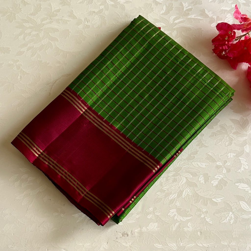 Checkered Traditional Green with Deep Magenta Contrast Designer Pure Silk