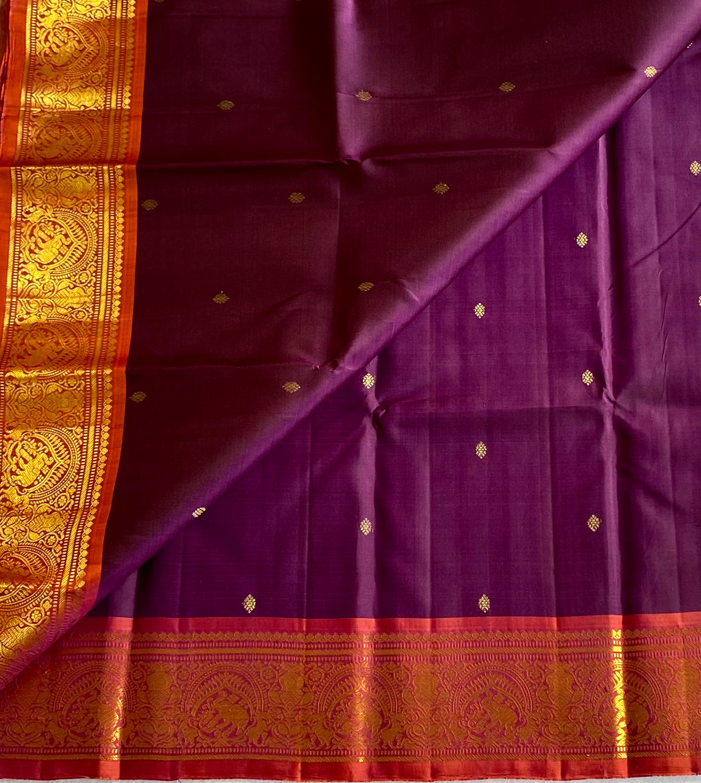 Deep Plum Saffron Orange Silk Saree with Gold Brocade Border