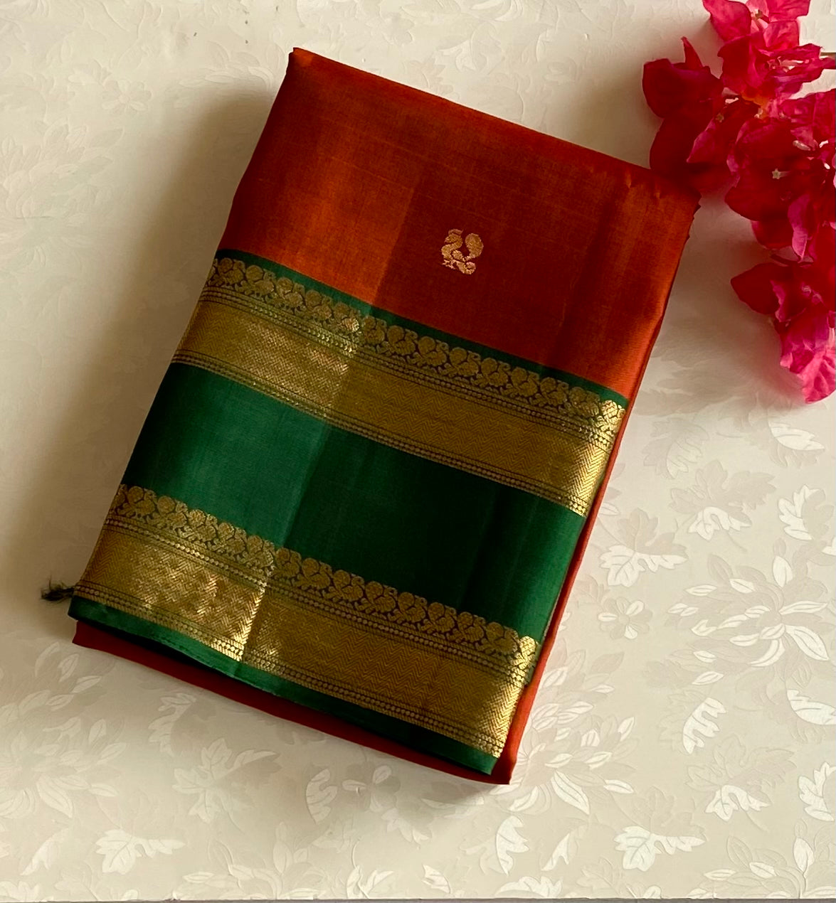 Emerald Teal Saree with Antique Gold Zari and Magenta Pallu
