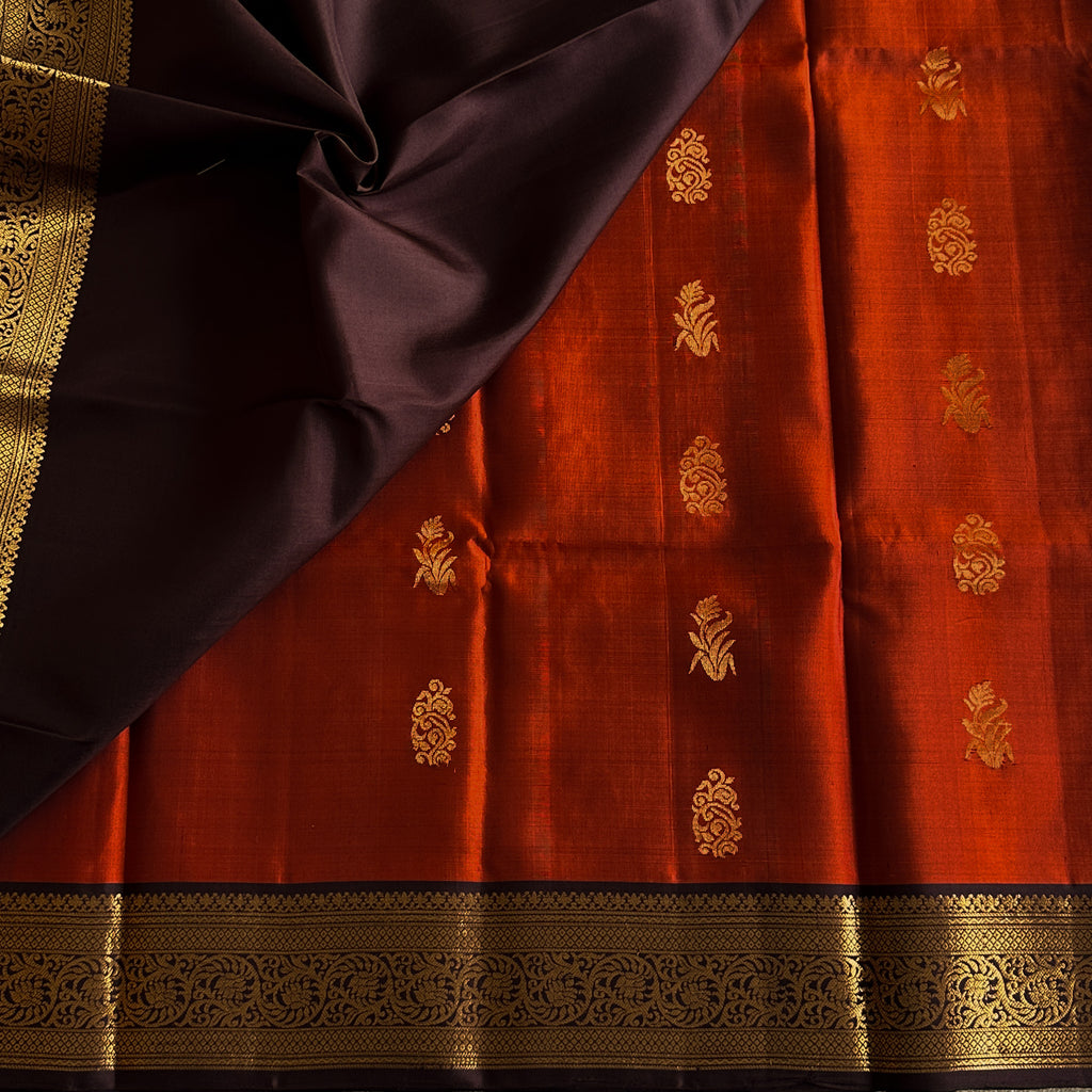 Rust Red Purple Pallu Gold Zari Brocade Saree Wide Border