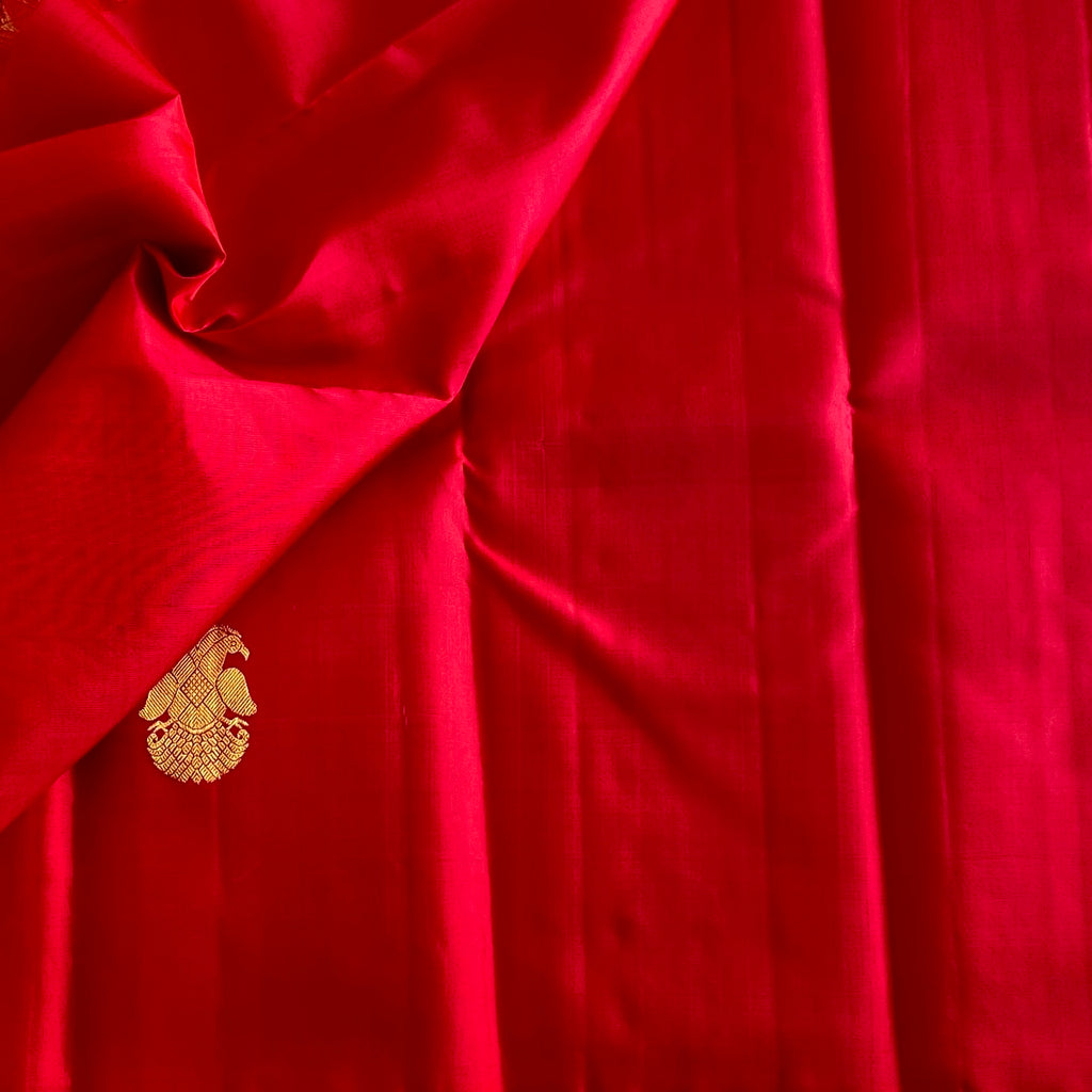 Lustrous Red Kanjeevaram Pure Zari Silk Saree With Intricate Gold Zari Pallu