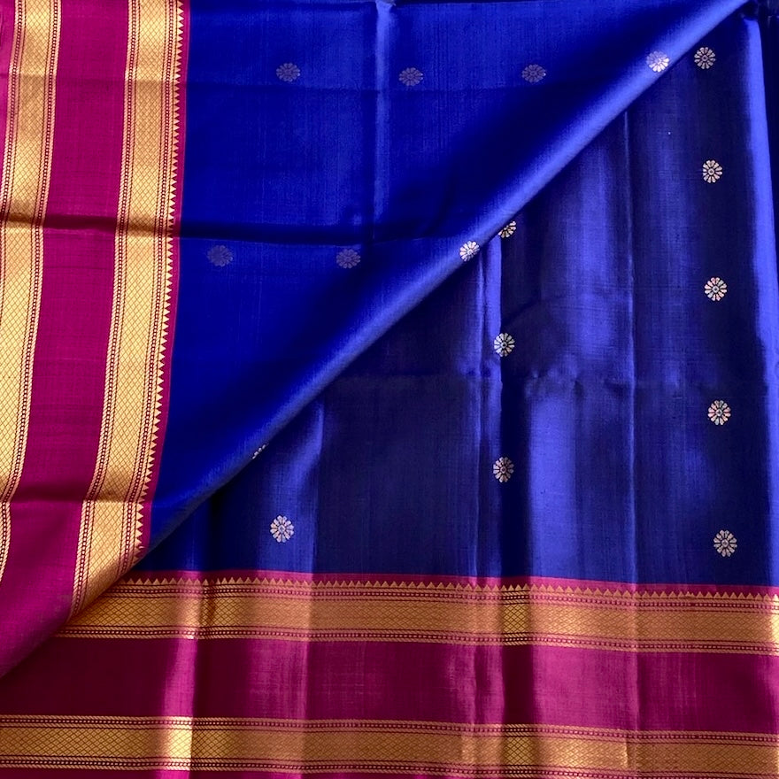 Royal Blue Designer Pure Silk With Rani Pink Pallu & Retta Petta Borders