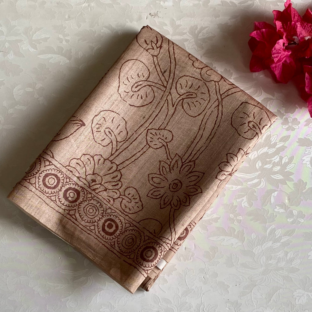 Light Beige Soft Tussar Silk Saree With Deep Brown Pallu