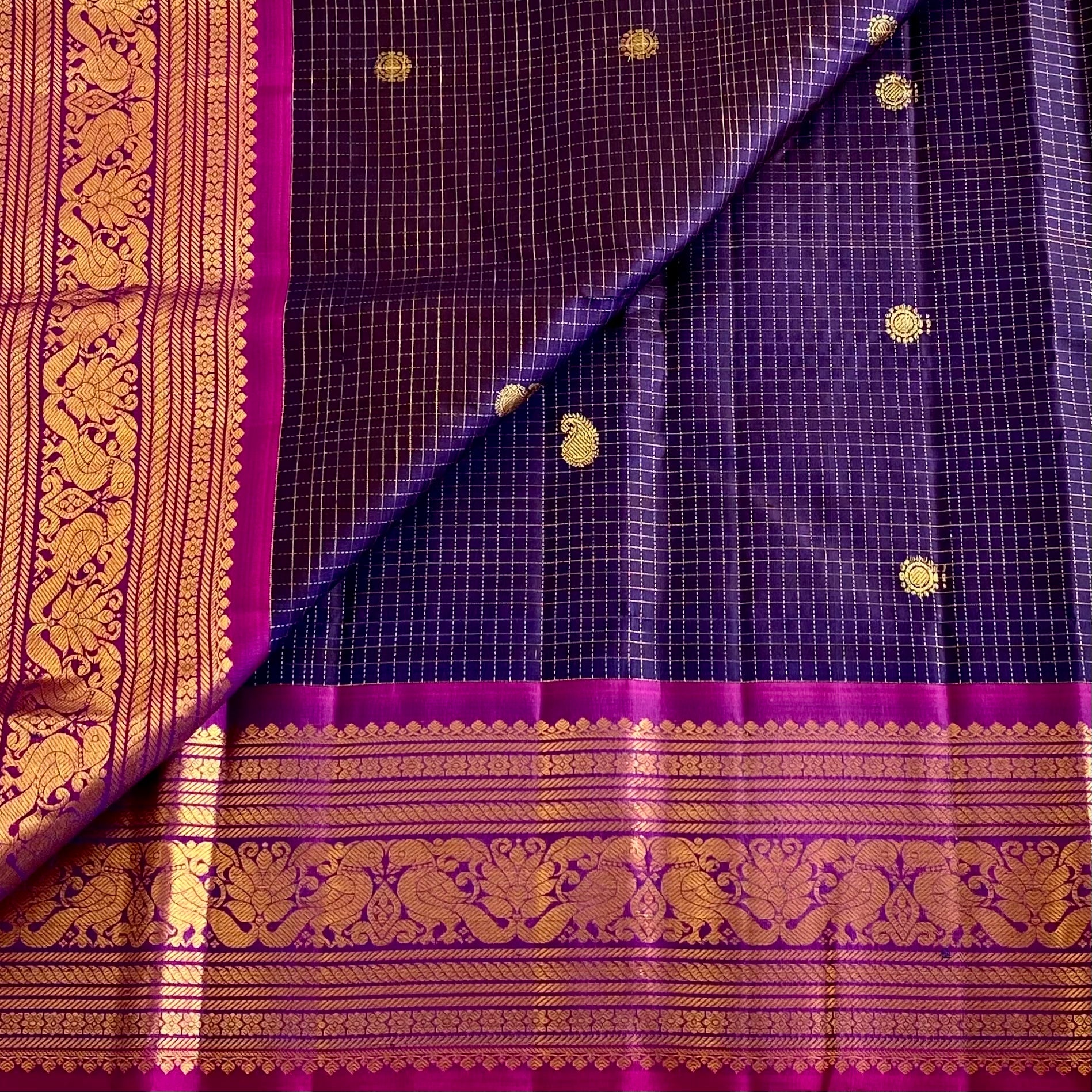 Indigo Bluish Purple Kanjeevaram Pure Zari Silk With Royal Magenta Pallu