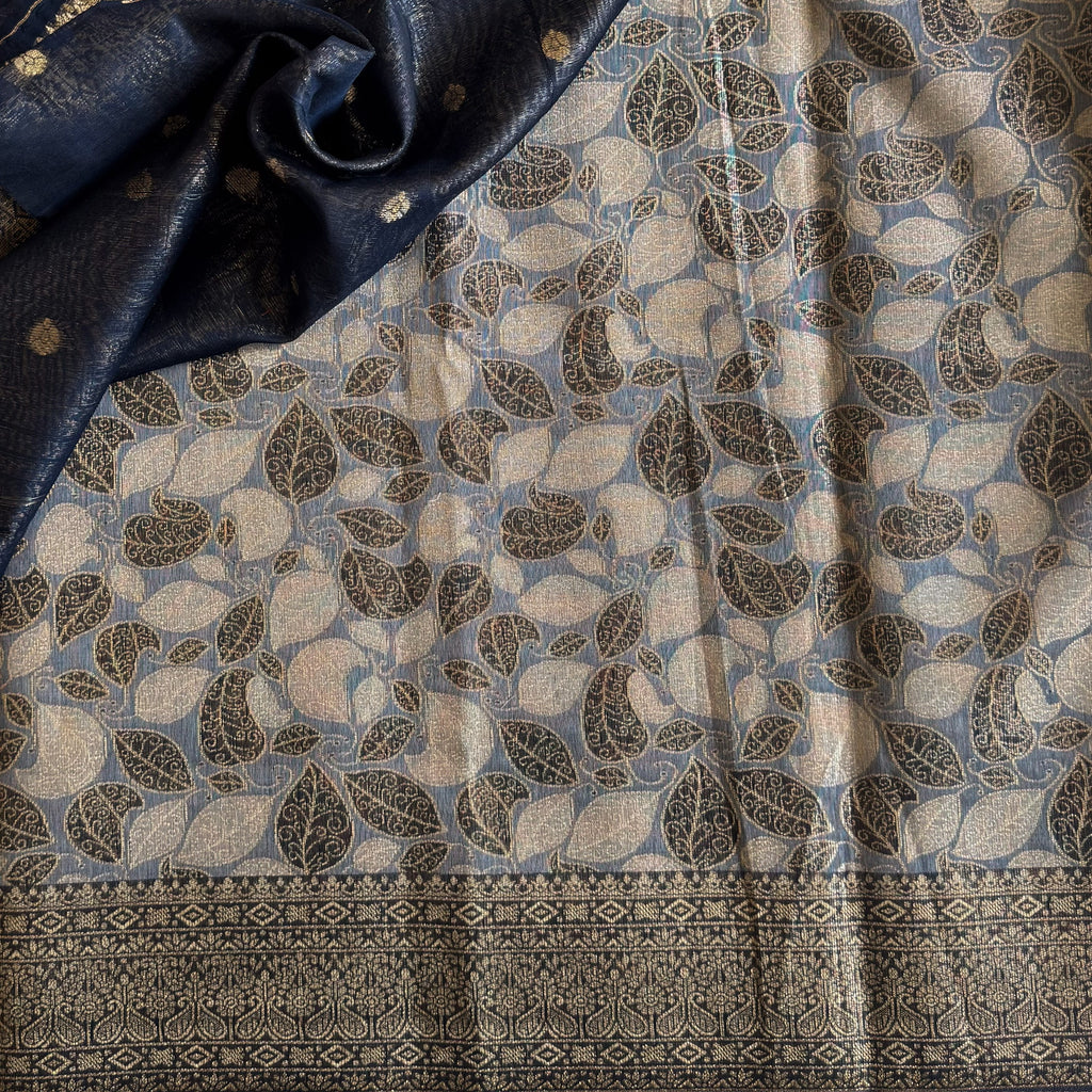 Navy Blue Gold Brocade Saree Geometric Medallion Leaf Motif