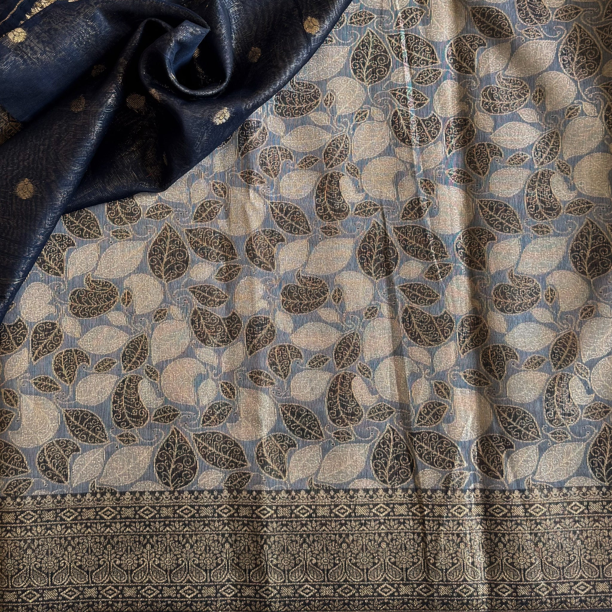 Navy Blue Gold Brocade Saree Geometric Medallion Leaf Motif