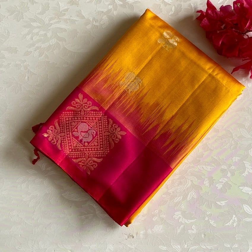 Sunflower Yellow With Pinkish Red Handwoven Designer Pure Silk Beauty