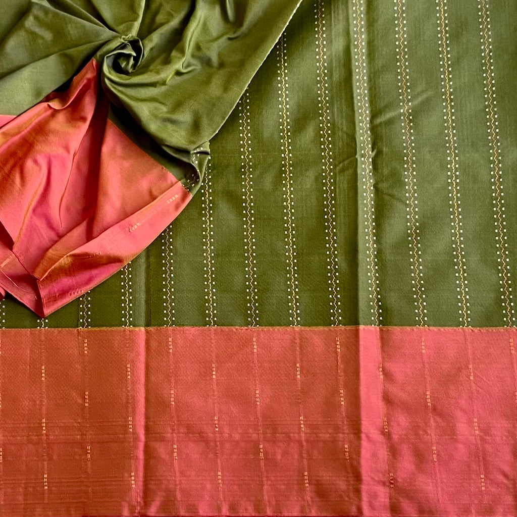 Olive Green Soft Mixed Silk Saree With Coral Orange Pallu