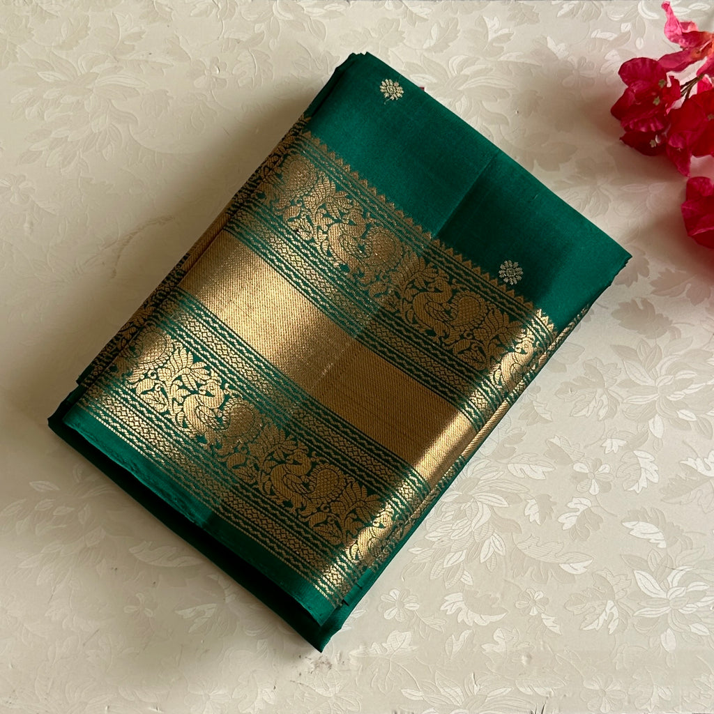 Emerald Green Designer Pure Silk Saree Metallic Gold Zari Border