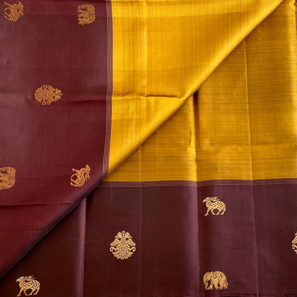 Mustard Yellow Designer Pure Silk Saree With Deep Plum Brown Pallu