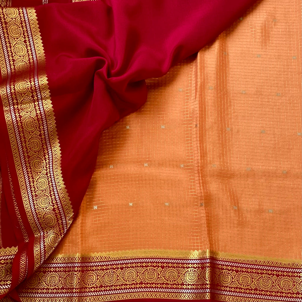 Burnt Orange Zari Border Brocade Saree with Magenta Accent