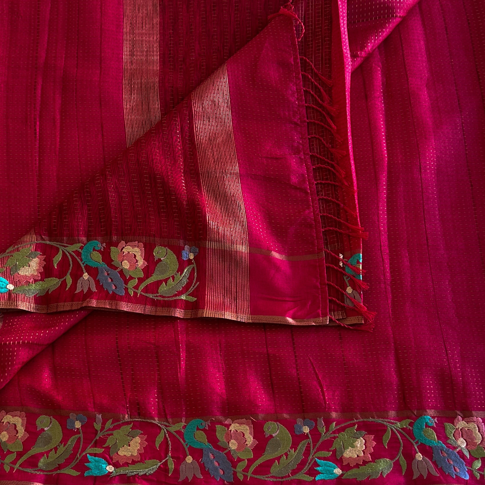 Deep Magenta Silk Saree Gold Zari Floral Embroidered Border Traditional