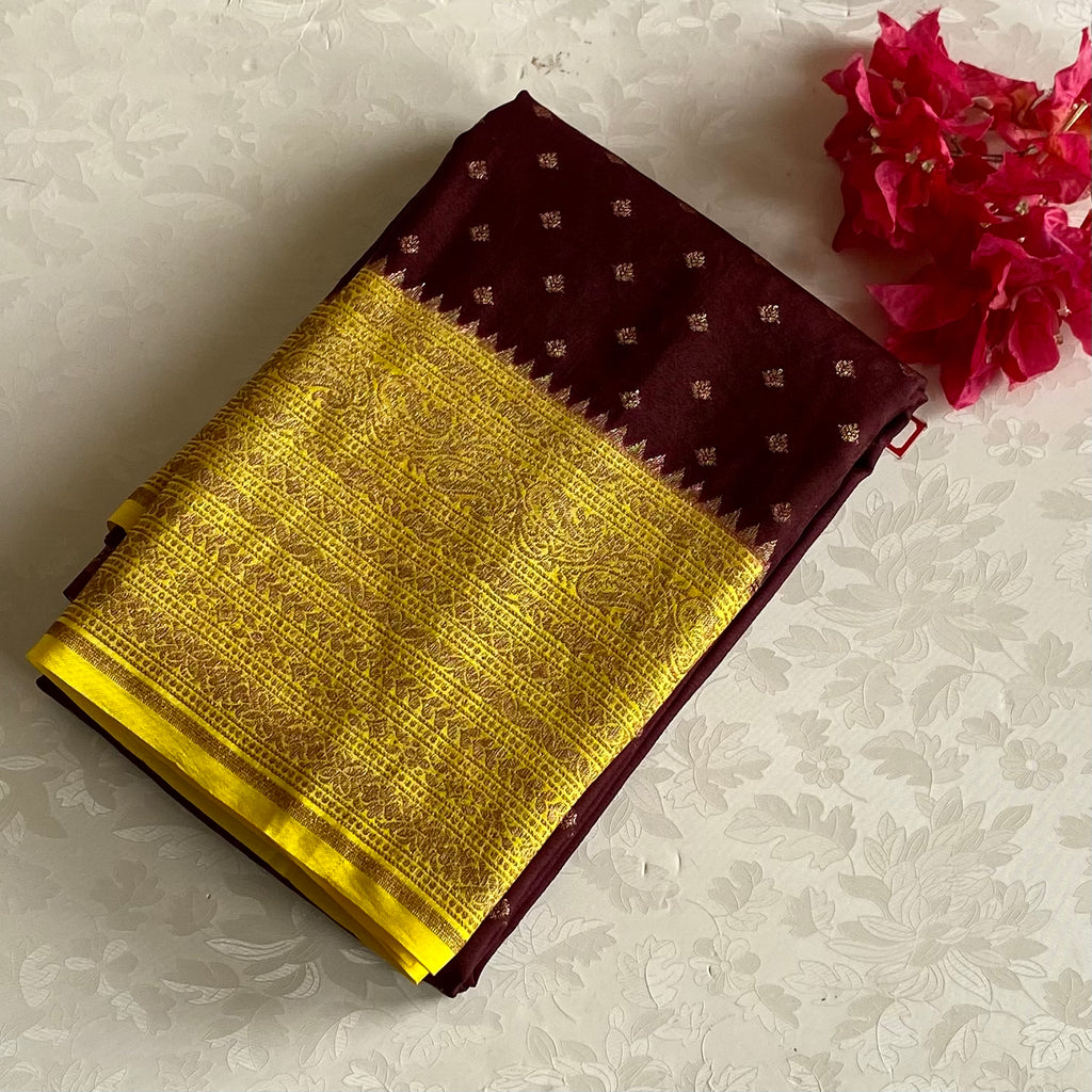 Deep Maroon & Mustard Yellow Banarasi Crepe Silk Saree With Zari Buttas