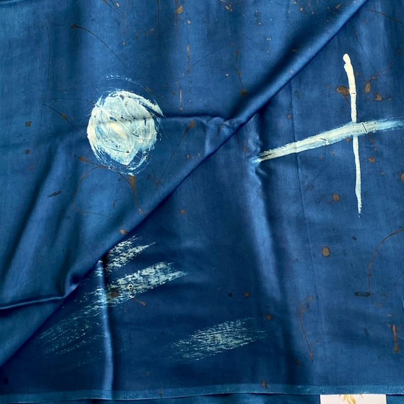 Starry Night Blue Ajrakh Handblock Printed Silk Saree With Antique Gold