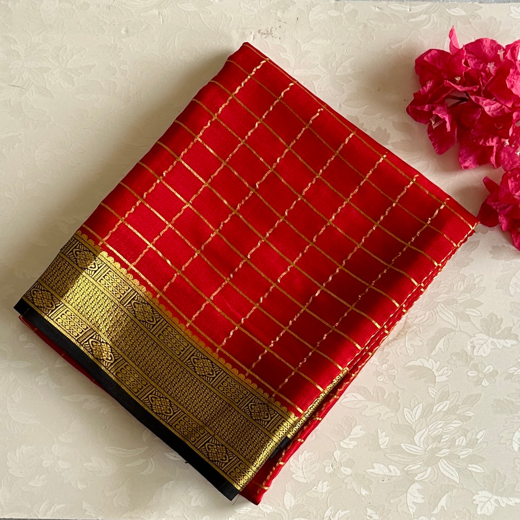 Scarlet Red Mysore Crepe Silk Saree With Metallic Gold Border