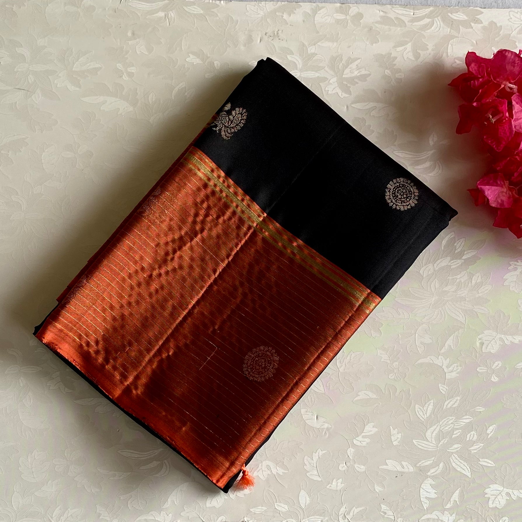 Burnt Orange Designer Pure Silk Saree With Jet Black Border