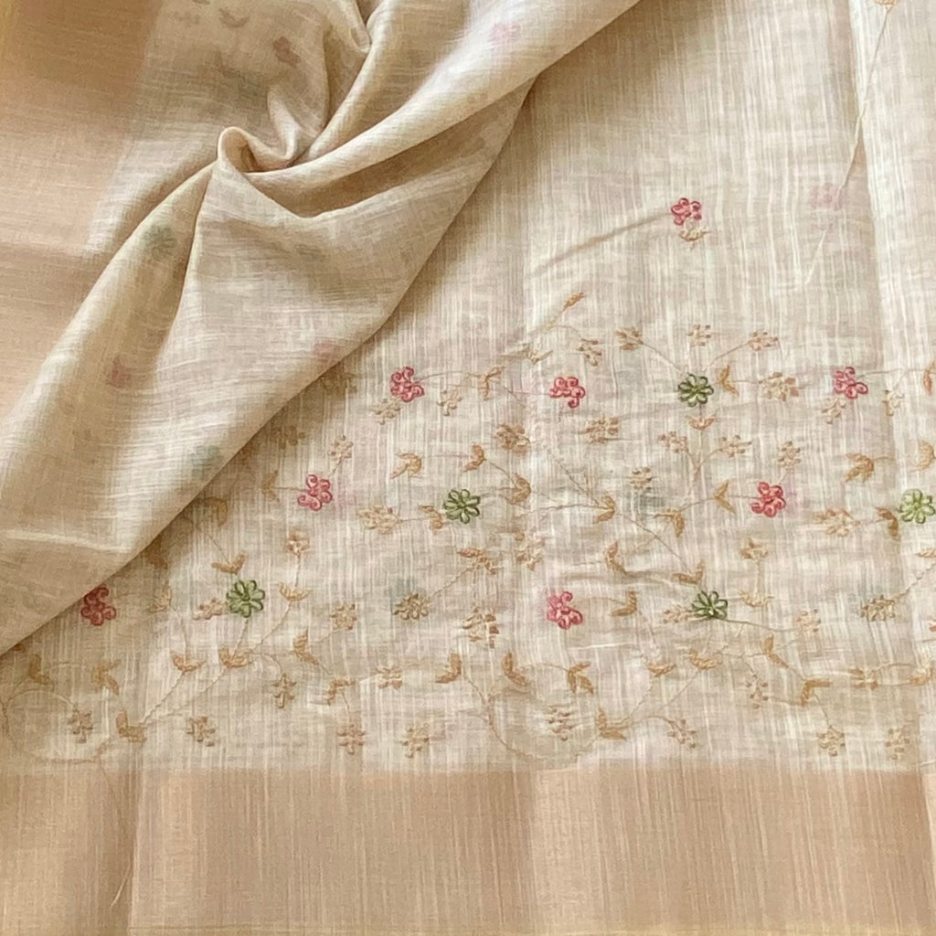 Sheer Ivory Beige Embroidered Floral Saree With Gold Woven Border