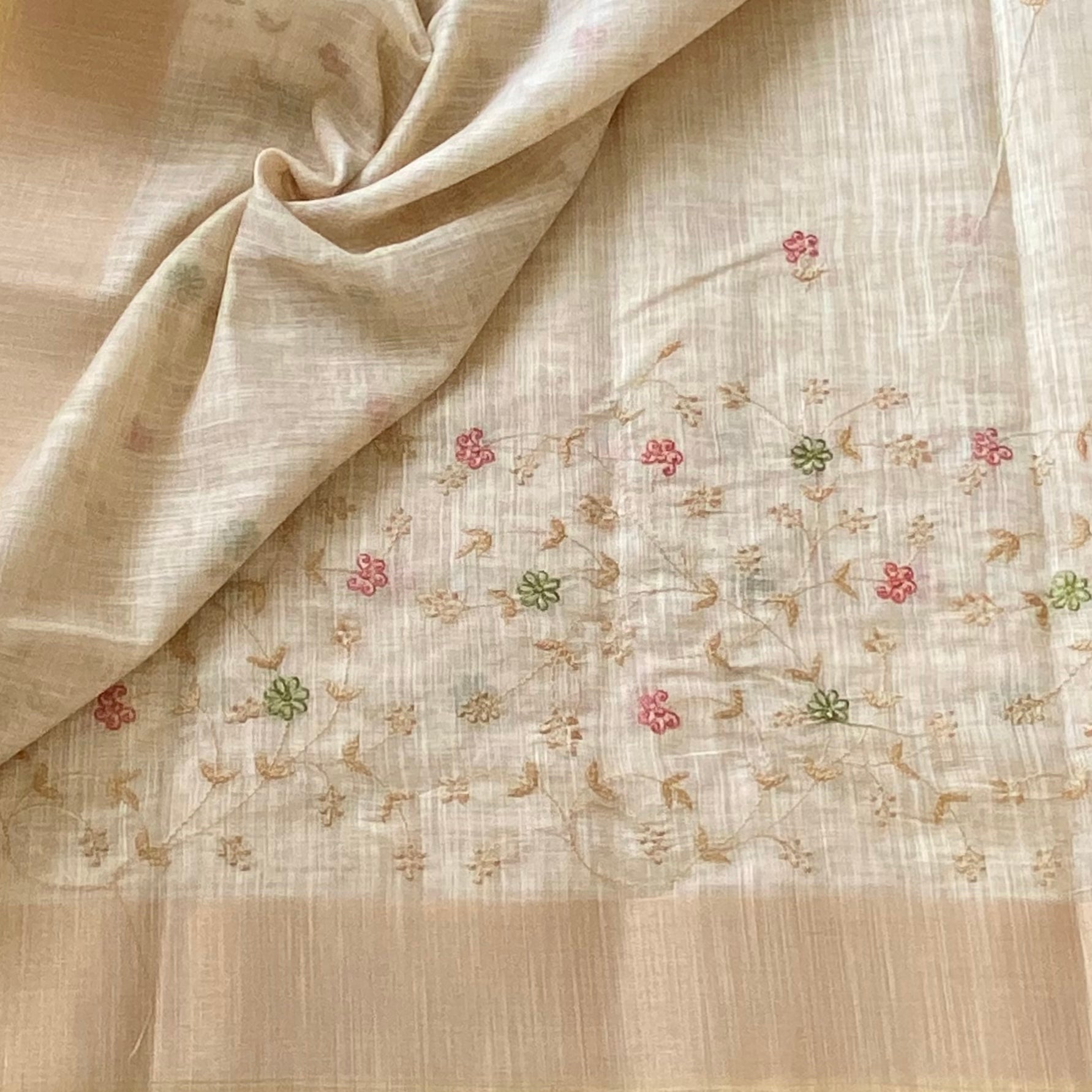 Sheer Ivory Beige Embroidered Floral Saree With Gold Woven Border