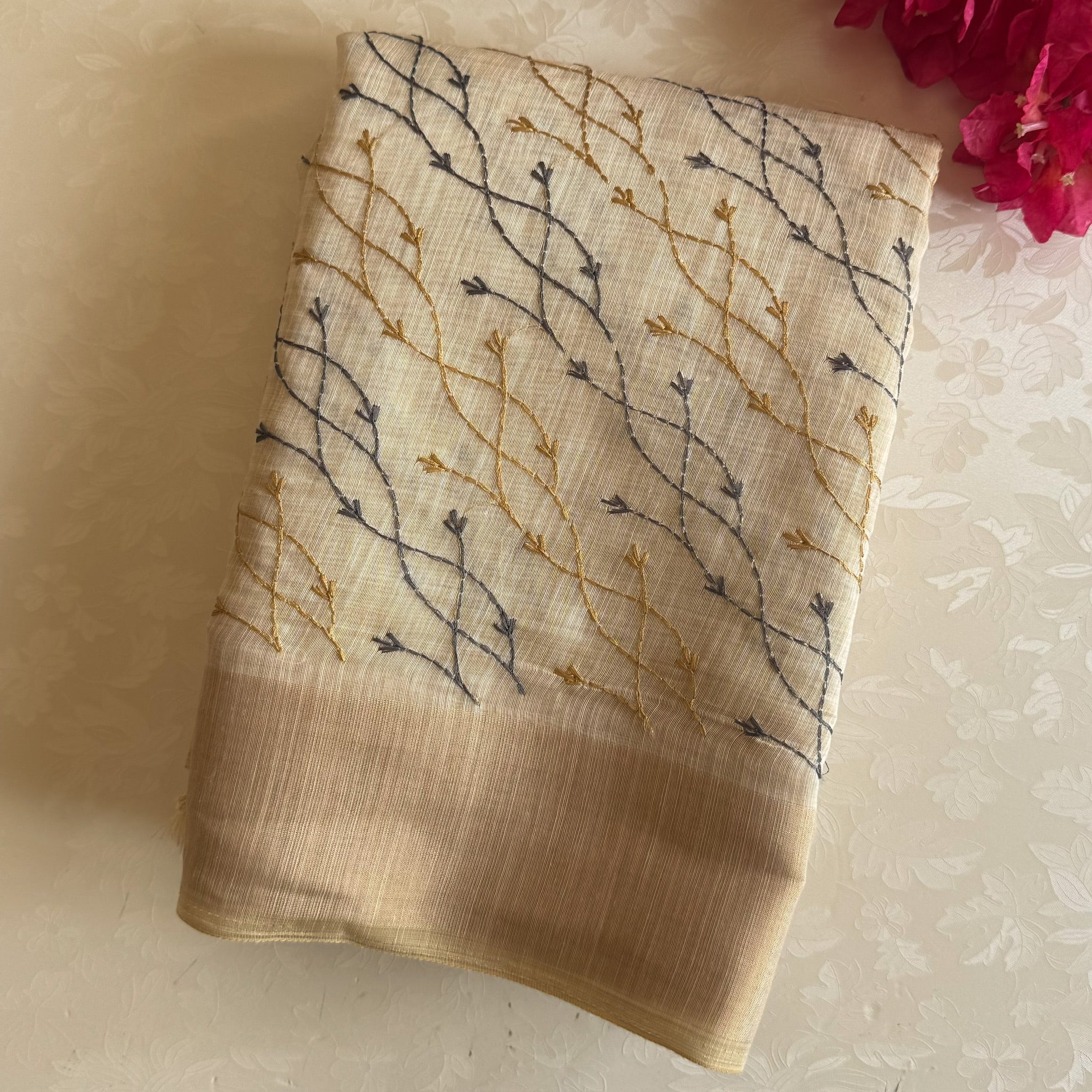 Ivory Embroidered Saree Gold Navy Branch Motif Beige Border Tassels