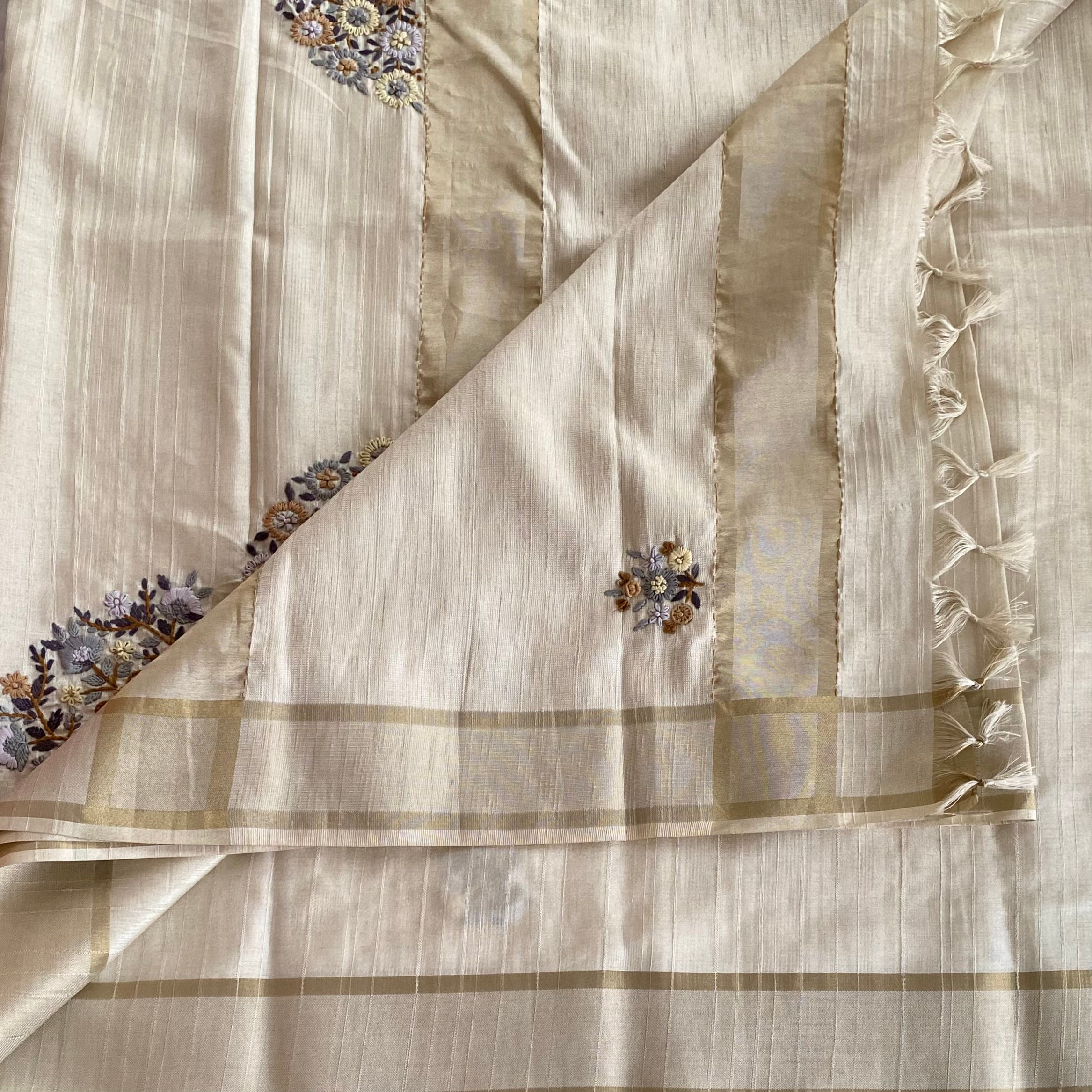 Elegant Champagne Saree Lavender Mustard Floral Embroidery Gold Border Traditional
