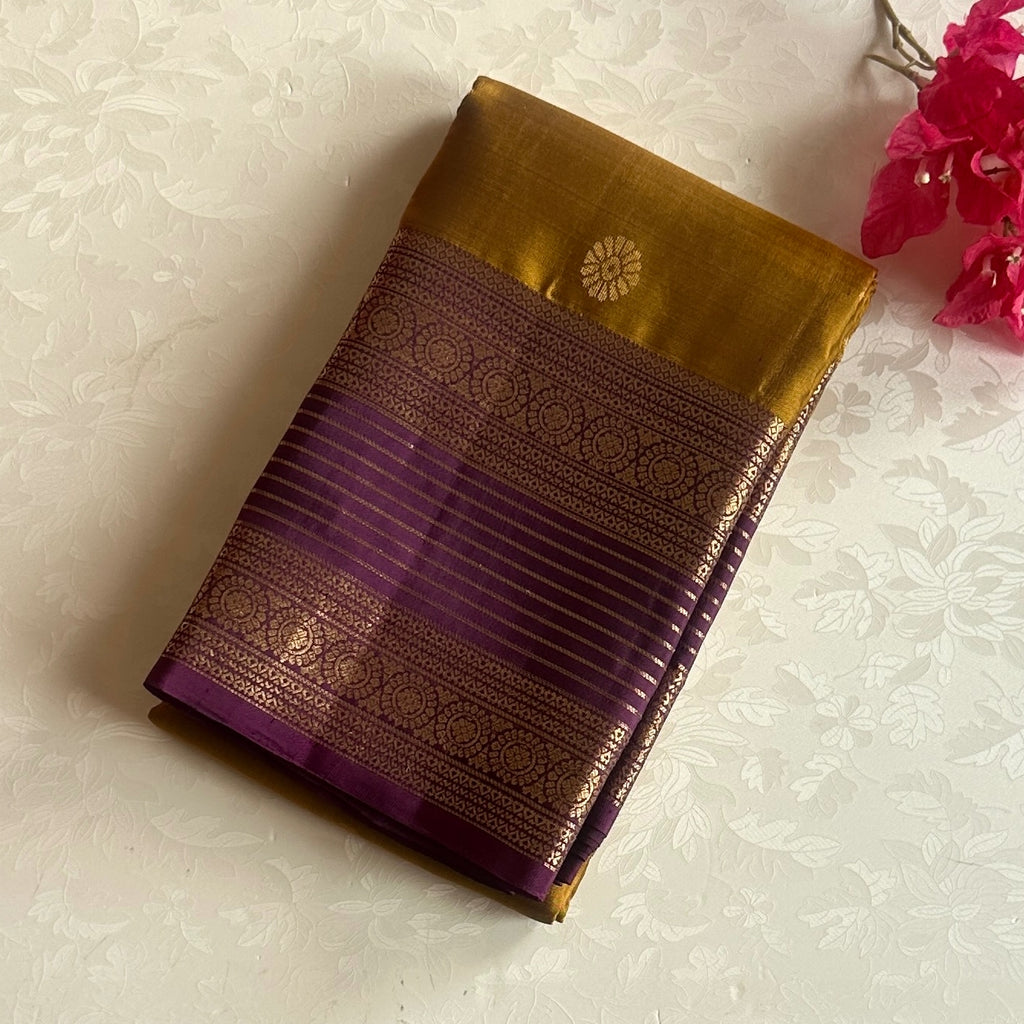 Deep Honey Mustard with rich purple designer pure Kanchi Silk