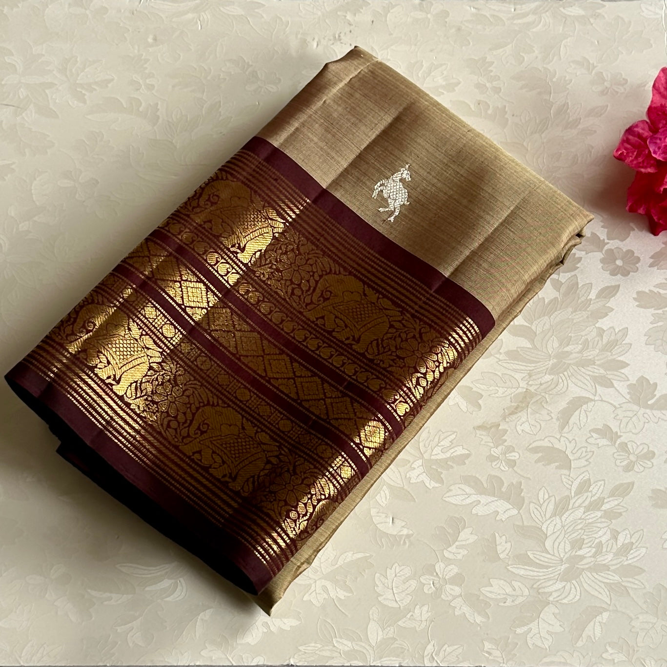 Classic Greyish Beige with Deep Wine Brown Kanjeevaram Masterpiece