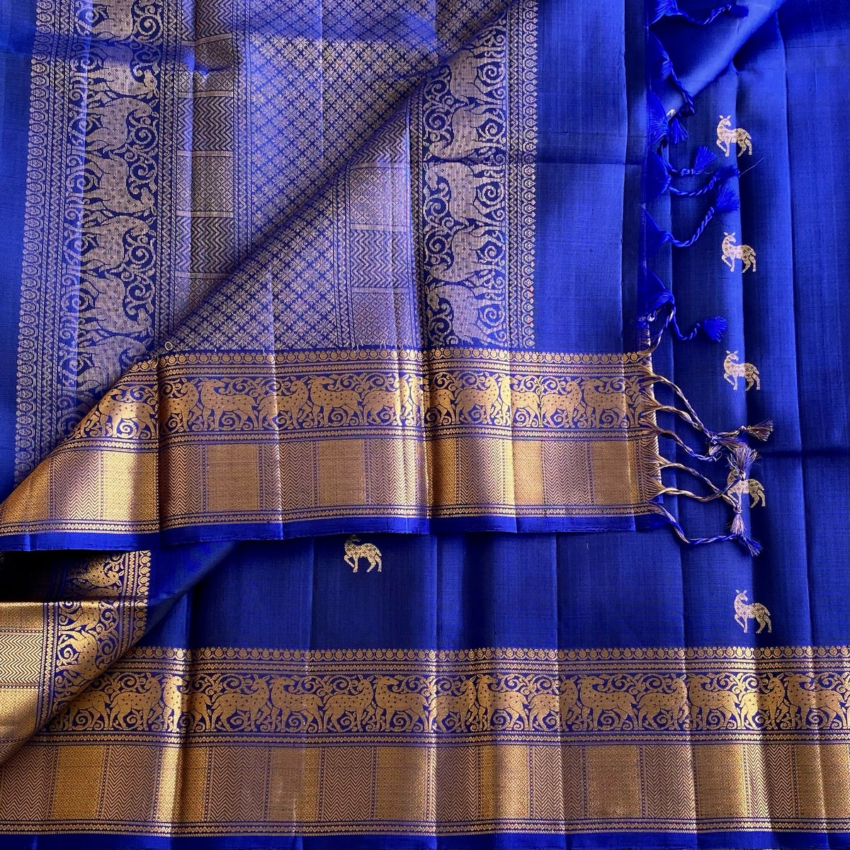 Royal Blue Designer Pure Silk Saree With Antique Gold Pallu And Elephant Motifs