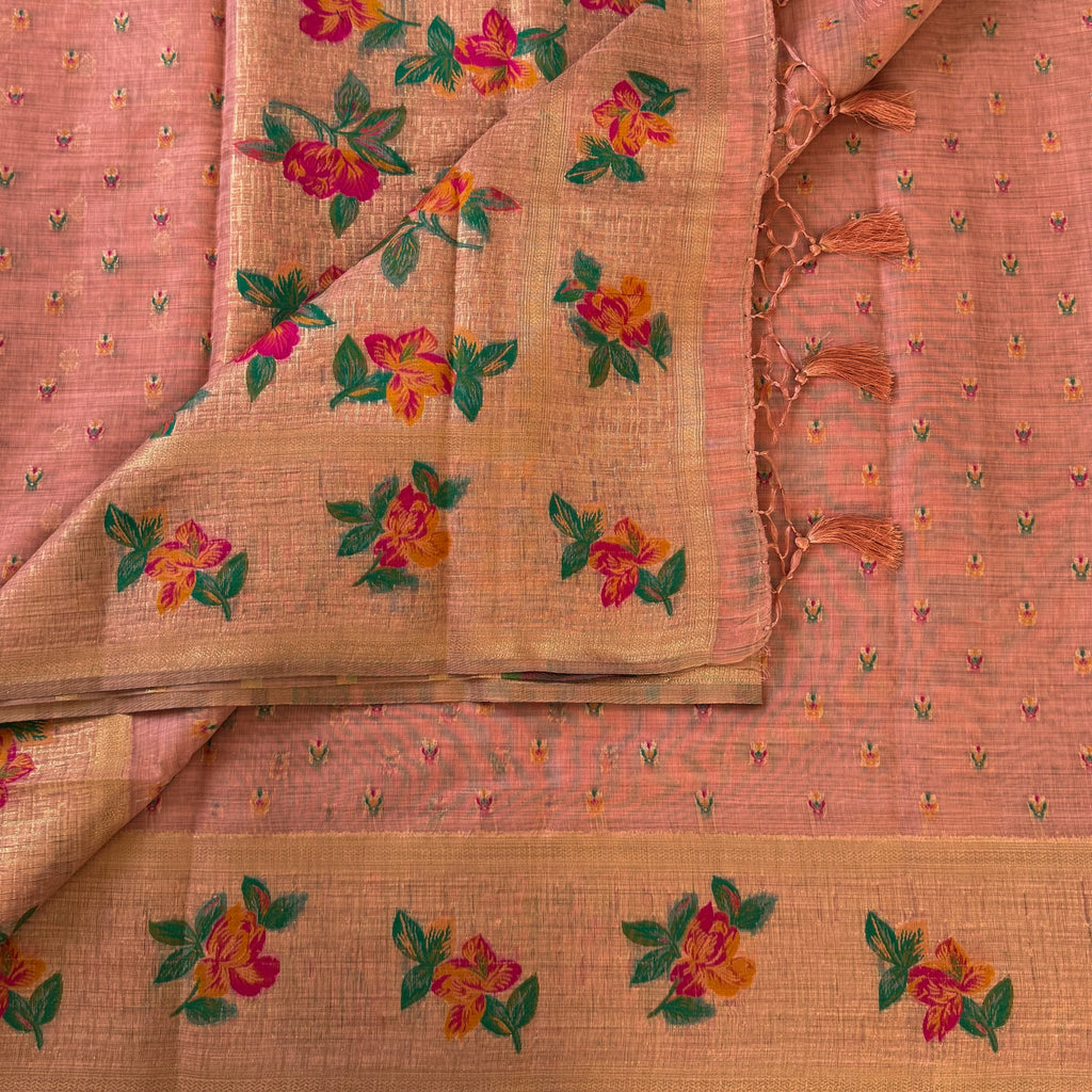 Coral Peach Floral Saree with Golden Border Tassel Pallu