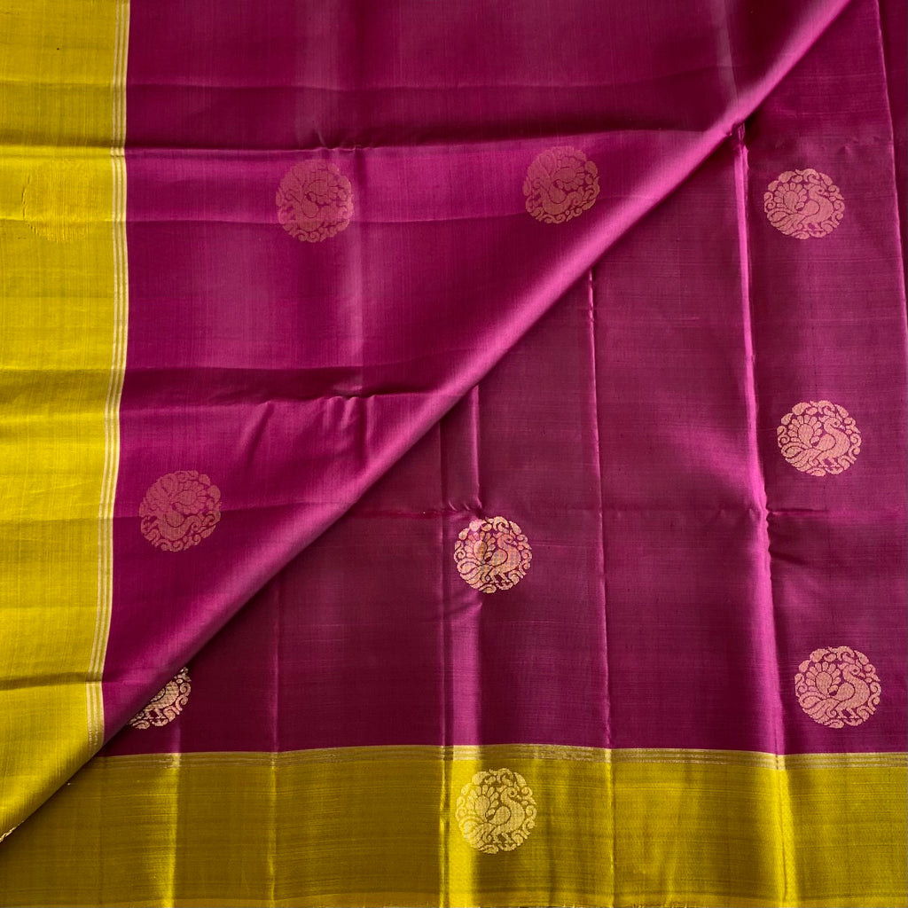 Raspberry Magenta With Lime Yellow Designer Handwoven Pure Silk
