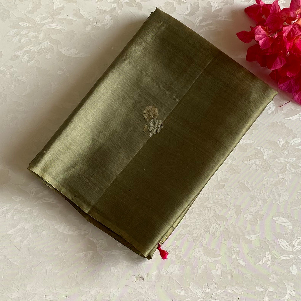 Metallic Olive Green Designer Pure Silk Saree With Rani Pink Pallu
