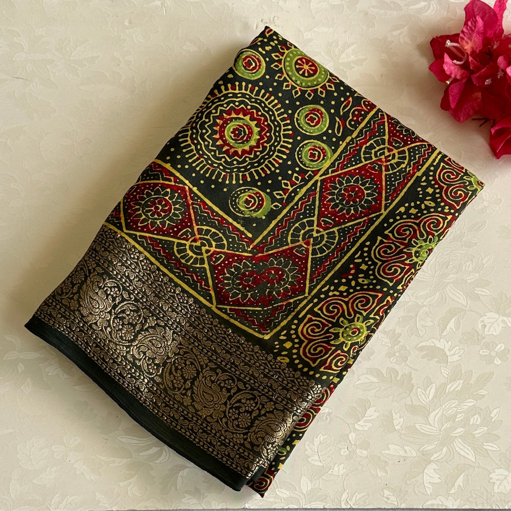Ajrakh Handblock Printed Tussar Deep Forest Green With Maroon Red Panels