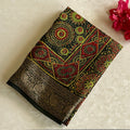 Ajrakh Handblock Printed Tussar Deep Forest Green With Maroon Red Panels