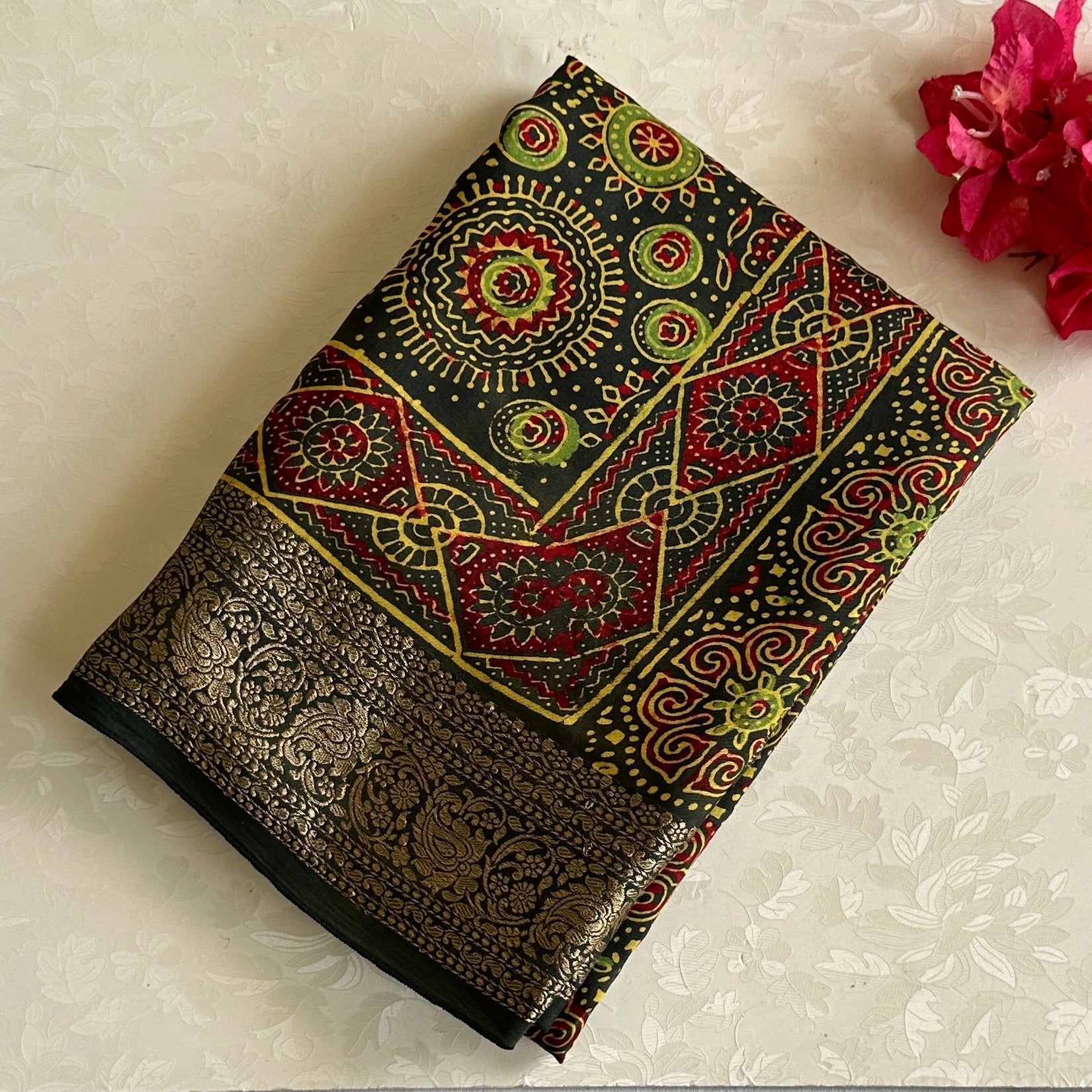 Ajrakh Handblock Printed Tussar Deep Forest Green With Maroon Red Panels